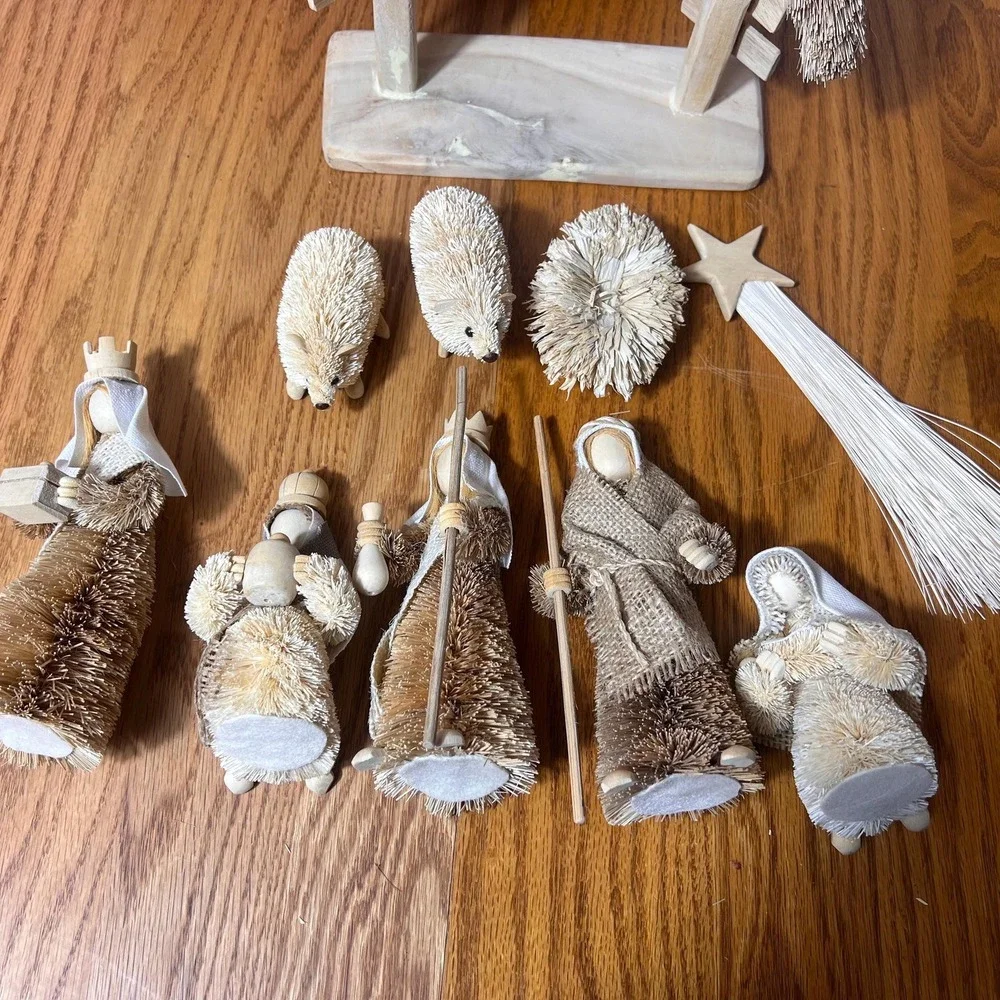 Pottery Barn Bottle Brush Nativity Set Complete 10 Pc w Box Christmas Decor